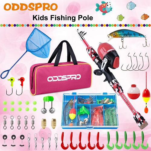 ODDSPRO Kids Fishing Pole-Camo Series-Red with Net